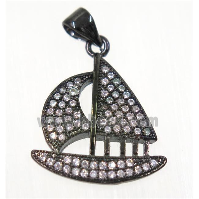 copper Sailing Boat pendant paved zircon, black plated