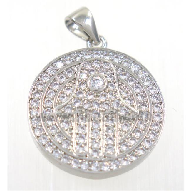copper Hamsahand pendant paved zircon, platinum plated