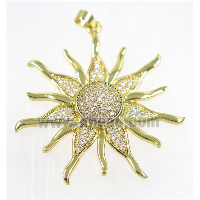 copper SunFlower pendant paved zircon, gold plated