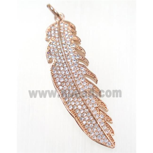 copper Feather pendant paved zircon, rose gold