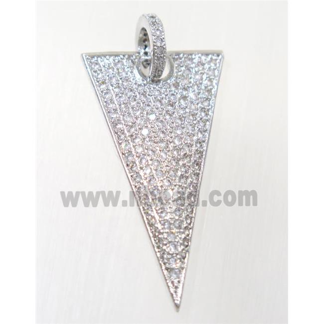 copper Triangle pendant paved zircon, platinum plated
