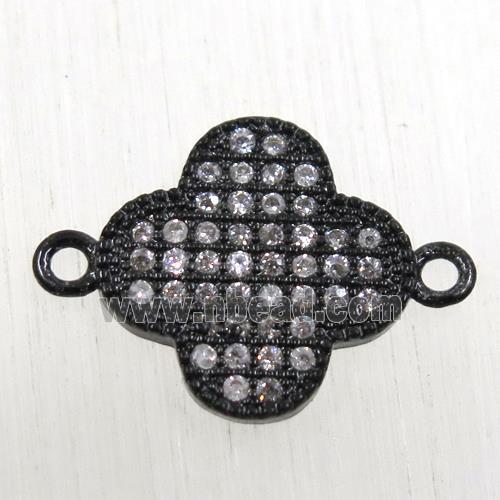 copper connector paved zircon, four-leaf Clover, black plated