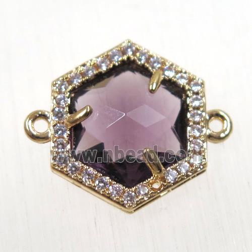 purple crystal glass hexagon connector paved zircon, gold plated