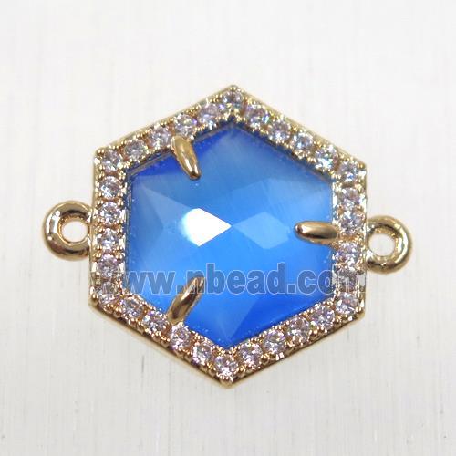 blue crystal glass hexagon connector paved zircon, gold plated