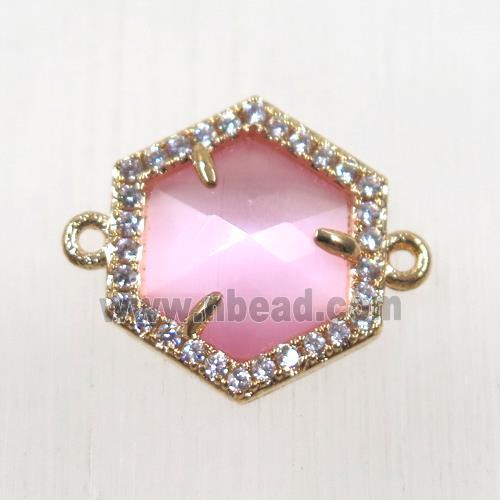 pink crystal glass hexagon connector paved zircon, gold plated