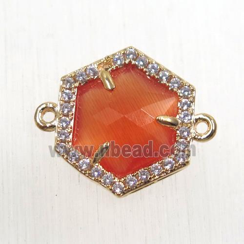 orange crystal glass hexagon connector paved zircon, gold plated