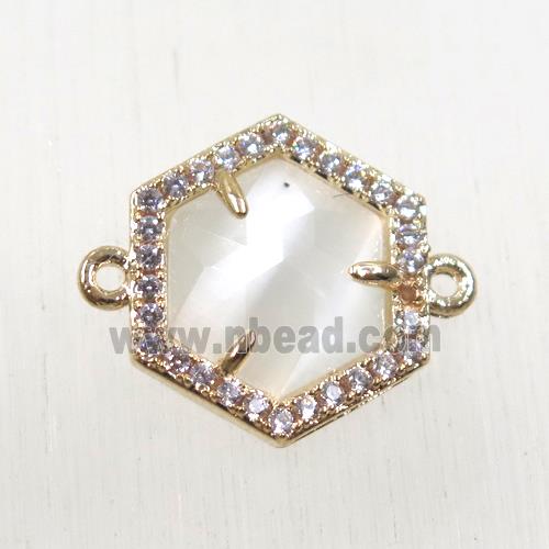 white crystal glass hexagon connector paved zircon, gold plated