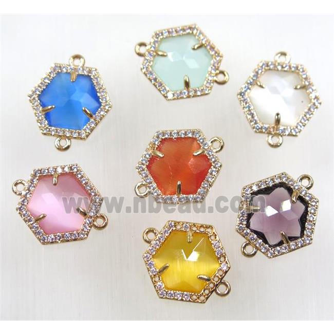 mix color crystal glass hexagon connector paved zircon, gold plated