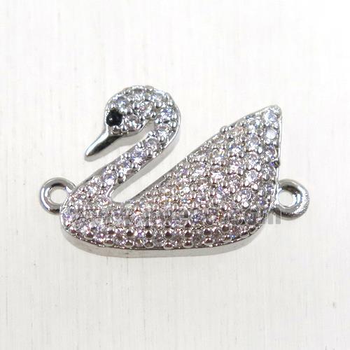 copper swan connector paved zircon, platinum plated