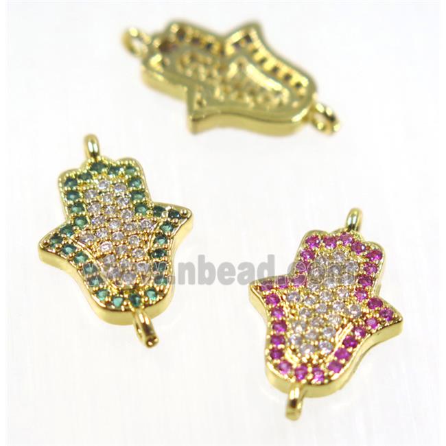 copper hamsahand connector pave zircon, gold plated, mix