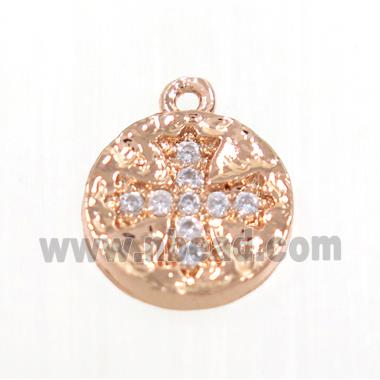 copper button cross pendant pave zircon, rose gold