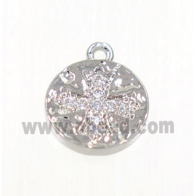 copper button cross pendant pave zircon, platinum plated