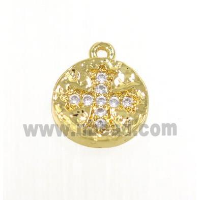 copper button cross pendant pave zircon, gold plated