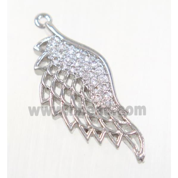 copper angel wing pendant pave zircon, platinum plated