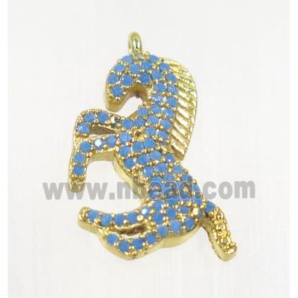 copper seahorse pendant pave zircon, gold plated, turq