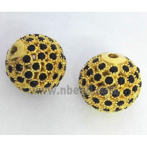 copper bead paved zircon, round, gold plated