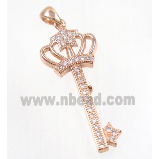 copper crown key pendant pave zircon, rose gold