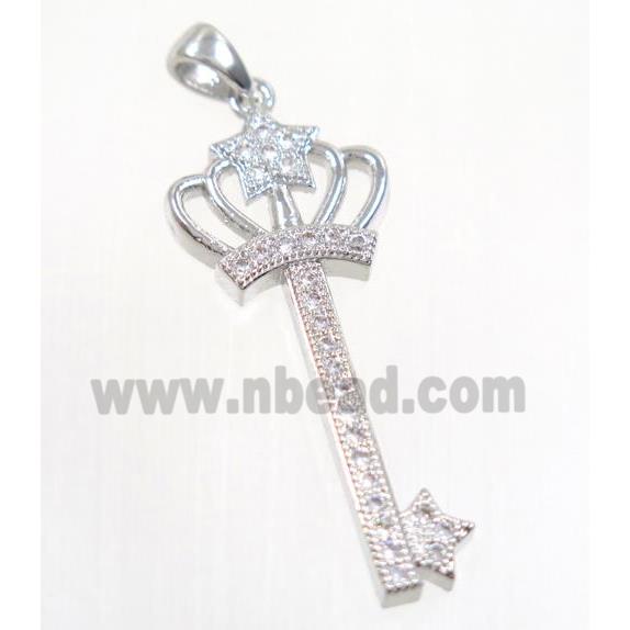 copper crown key pendant pave zircon, platinum plated