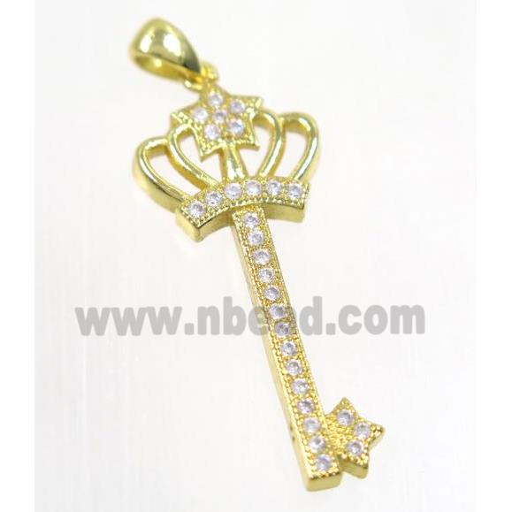 copper crown key pendant pave zircon, gold plated