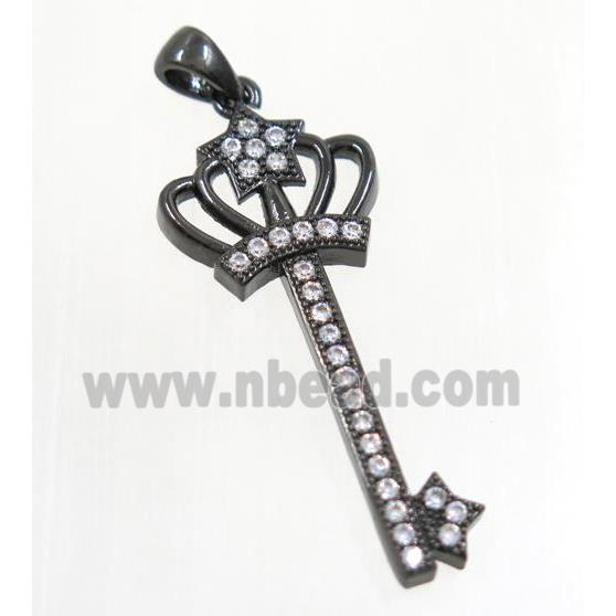 copper crown key pendant pave zircon, black plated