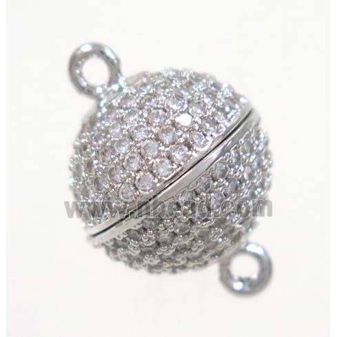 copper magnetic clasp pave zircon, round, platinum plated