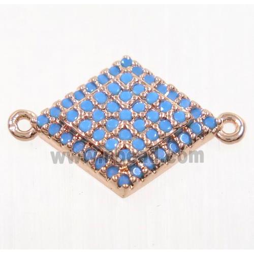 copper rhombic connector paved zircon, rose gold, turq