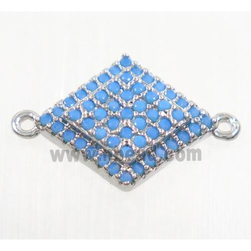 copper rhombic connector paved zircon, platinum plated, turq
