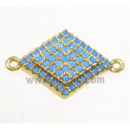 copper rhombic connector paved zircon, gold plated, turq
