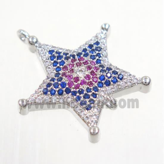 copper Star connector paved zircon, platinum plated