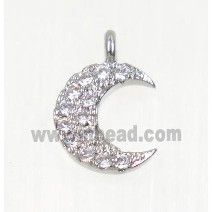 copper Crescent moon pendant paved zircon, platinum plated