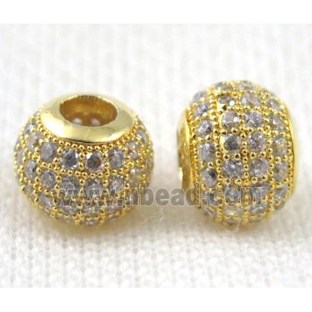 Copper bead paved zircon, round, gold plated