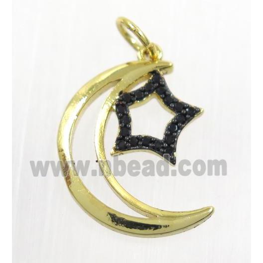 copper Moon pendant paved zircon with star, gold plated