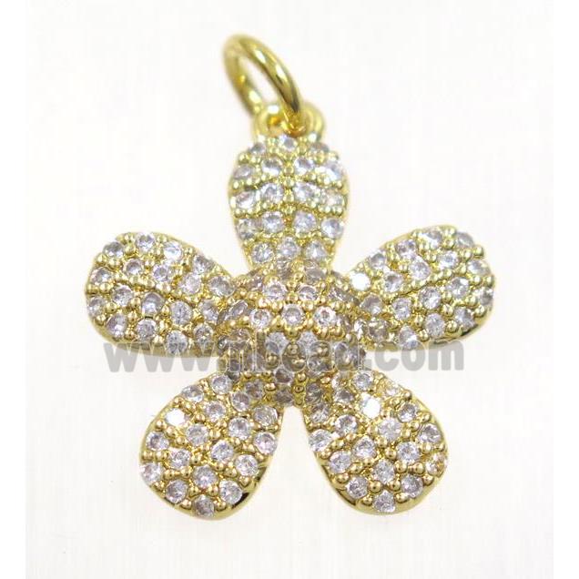 copper Flower pendant paved zircon, gold plated