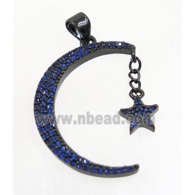 copper Crescent Moon pendant paved zircon with star, black plated