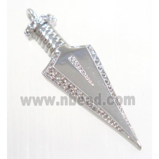 copper Arrowhead pendant paved zircon, platinum plated