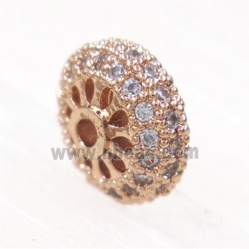 copper rondelle beads paved zircon, rose gold
