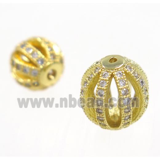 round Watermelon copper beads pave zircon, gold plated