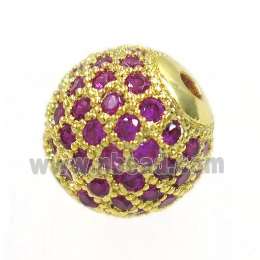 round copper beads paved hotpink zircon, gold plated