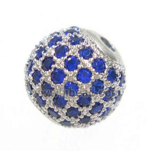 round copper beads paved blue zircon, platinum plated