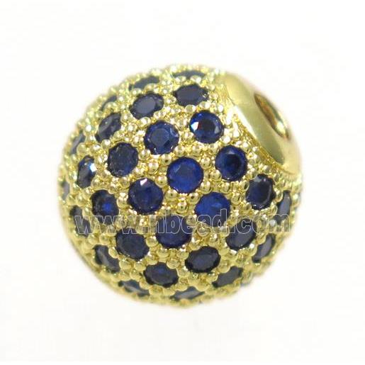 round copper beads paved blue zircon, gold plated