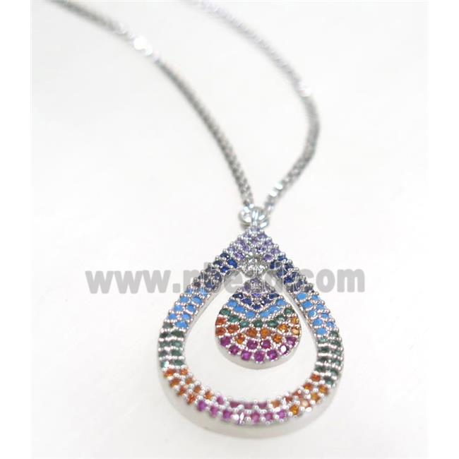 copper teardrop necklace pave zircon, platinum plated