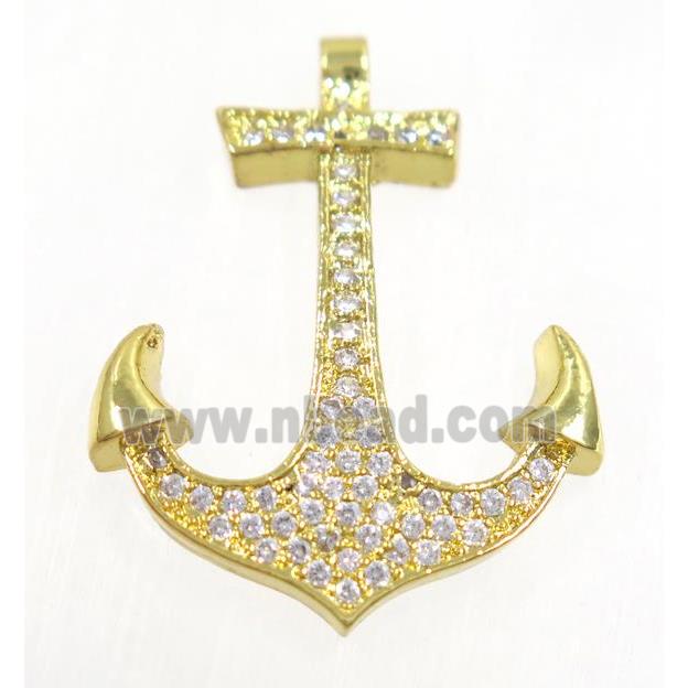 copper anchor pendant paved zircon, gold plated