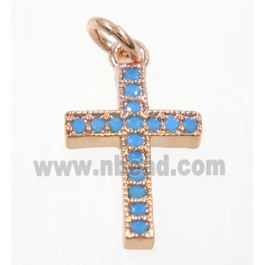 copper cross pendant paved zircon, rose gold, turq