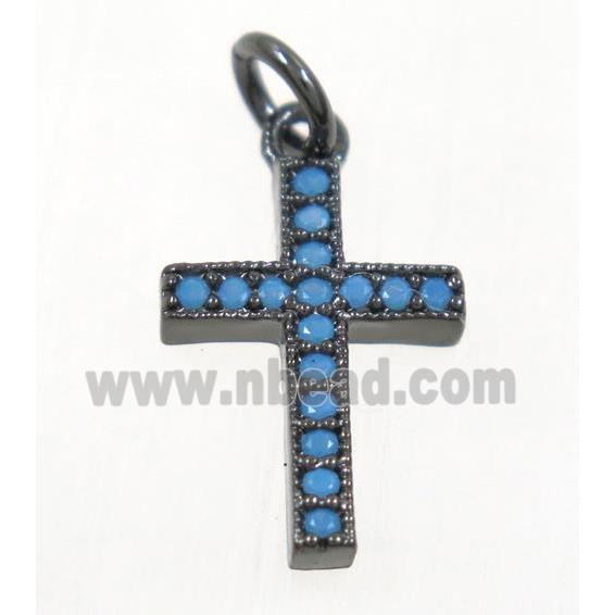 copper cross pendant paved zircon, black plated, turq