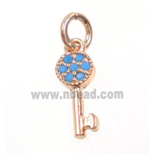 copper Key pendant paved zircon, rose gold, turq