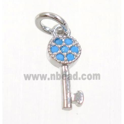 copper Key pendant paved zircon, platinum plated, turq
