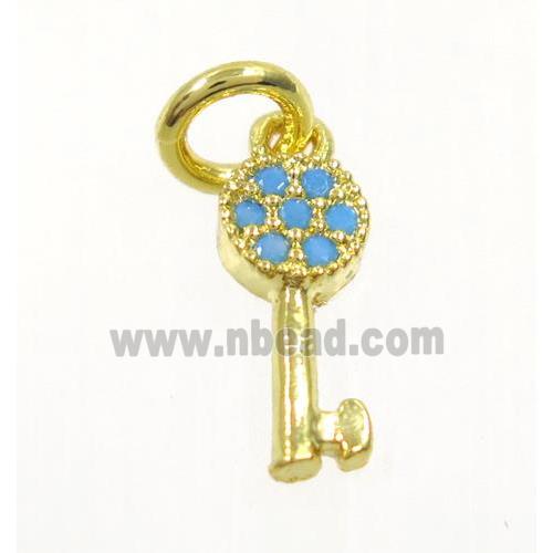 copper Key pendant paved zircon, gold plated, turq