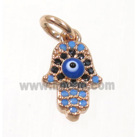 copper Hamsahand pendant paved zircon with evil eye, rose gold
