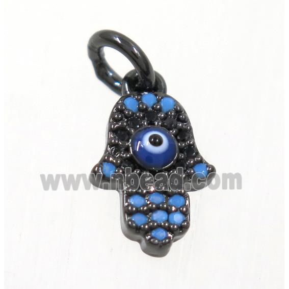 copper Hamsahand pendant paved zircon with evil eye, black plated