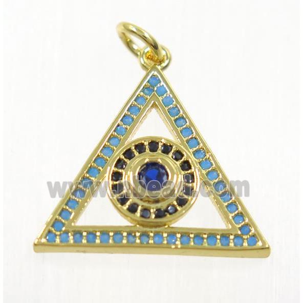 copper Triangle pendant paved zircon with evil eye, gold plated